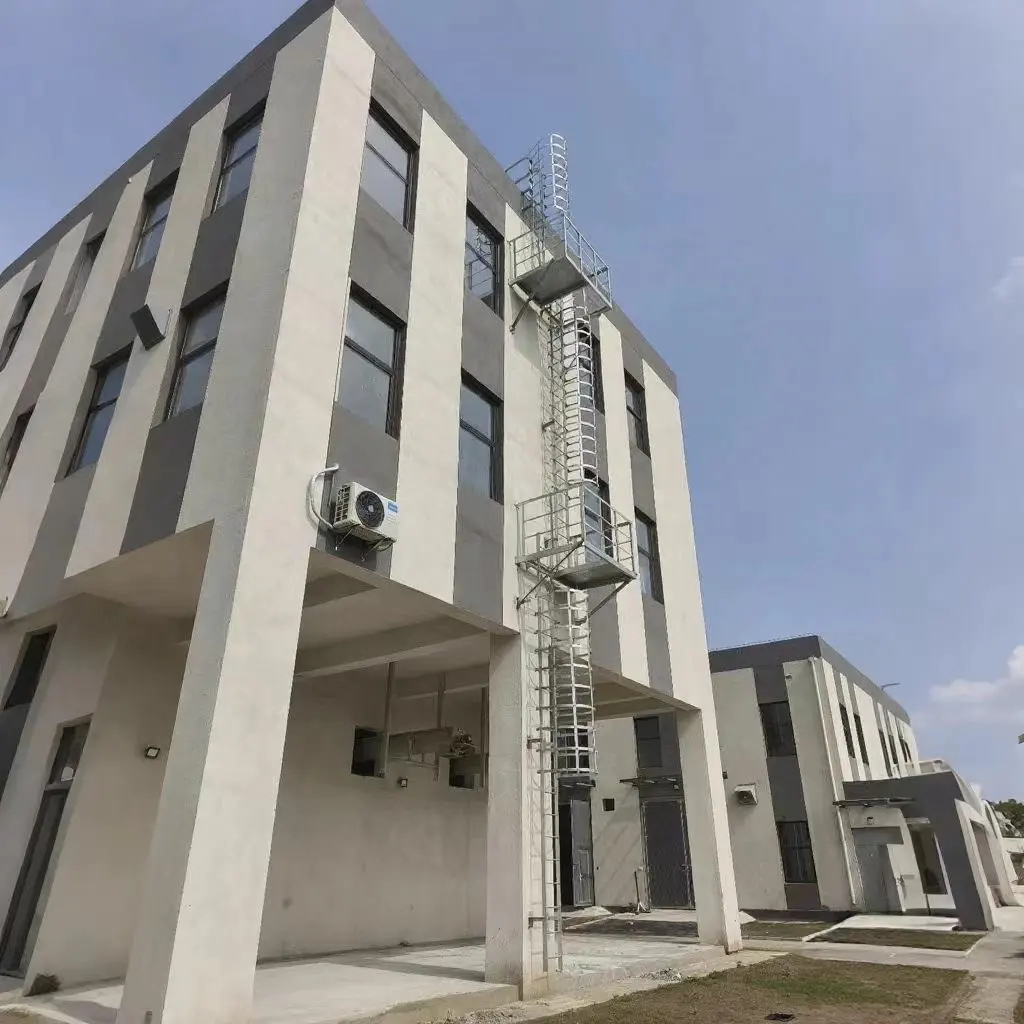 Steigleiter mit Ruhepodest und Rückenschutz an einer Fassade